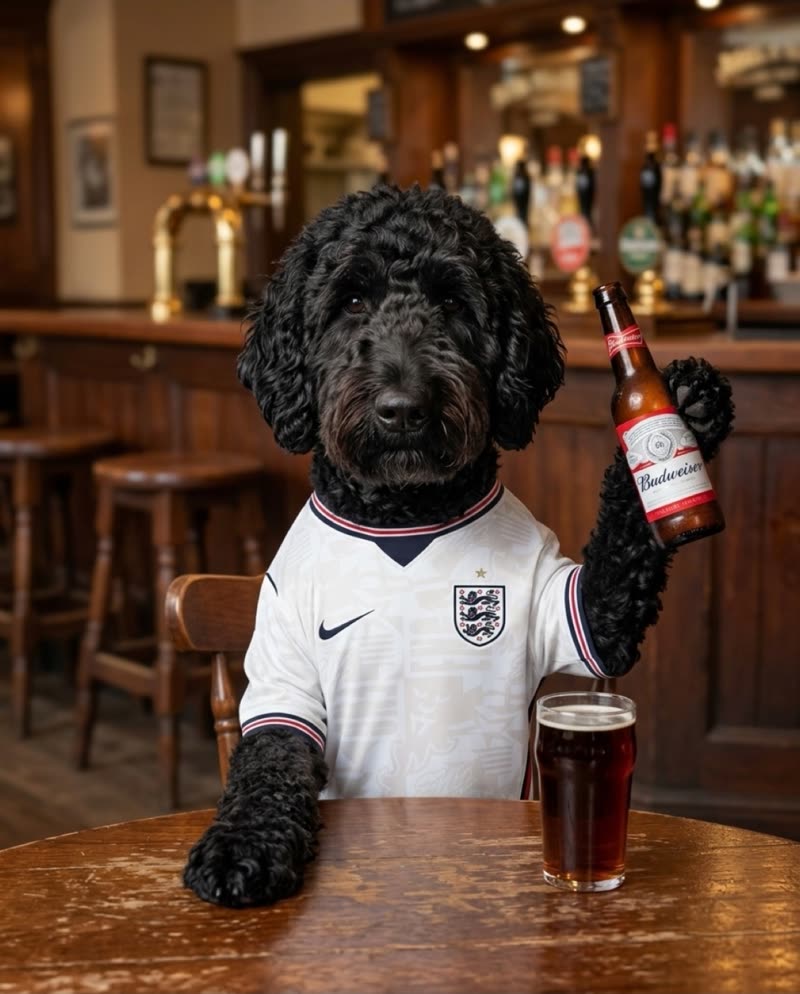 A black labradoodle in an England football shirt sitting at a pub table